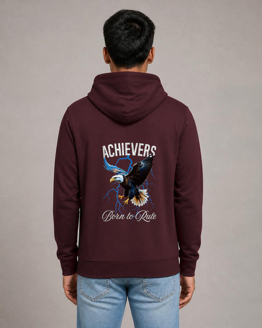 Achievers back print hoodie in Maroon worn by a model, Bonzo Peter's