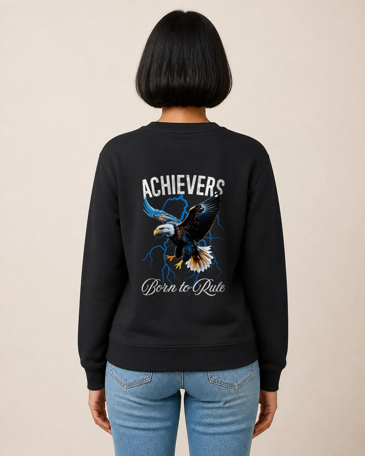 Achievers back print sweatshirt in Black worn by a model, Bonzo Peter's
