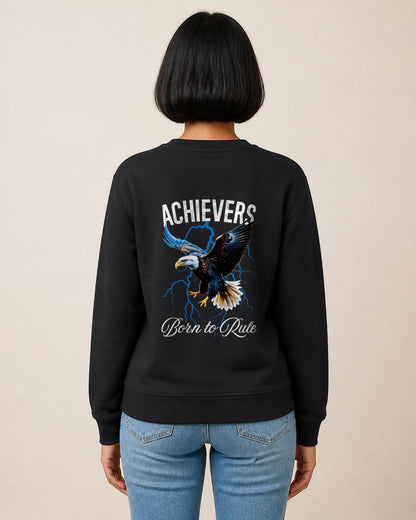 Achievers back print sweatshirt in Black worn by a model, Bonzo Peter's