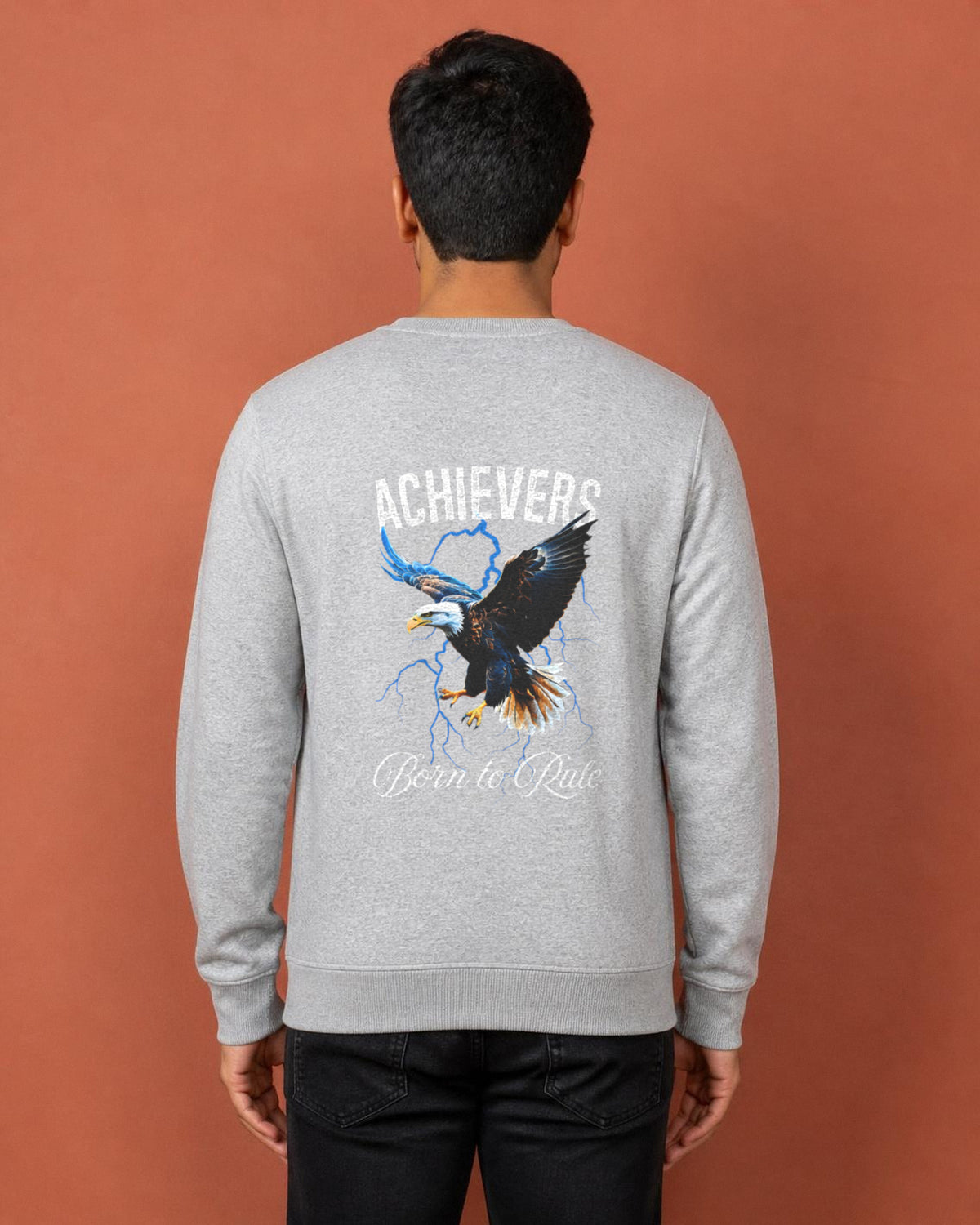 Achievers back print sweatshirt in Grey Melange worn by a model, Bonzo Peter's