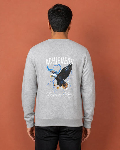 Achievers back print sweatshirt in Grey Melange worn by a model, Bonzo Peter's