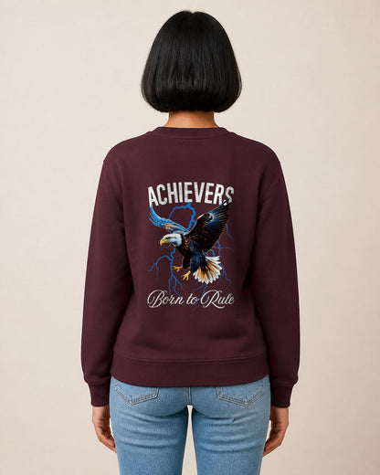 Achievers back print sweatshirt in Maroon worn by a model, Bonzo Peter's