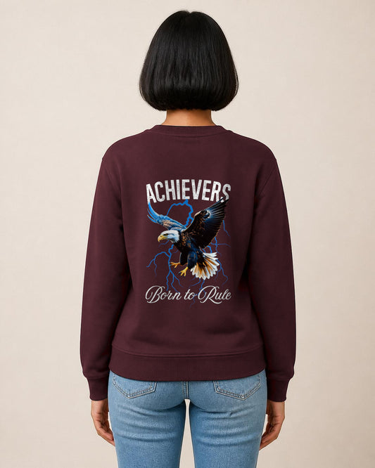 Achievers back print sweatshirt in Maroon worn by a model, Bonzo Peter's