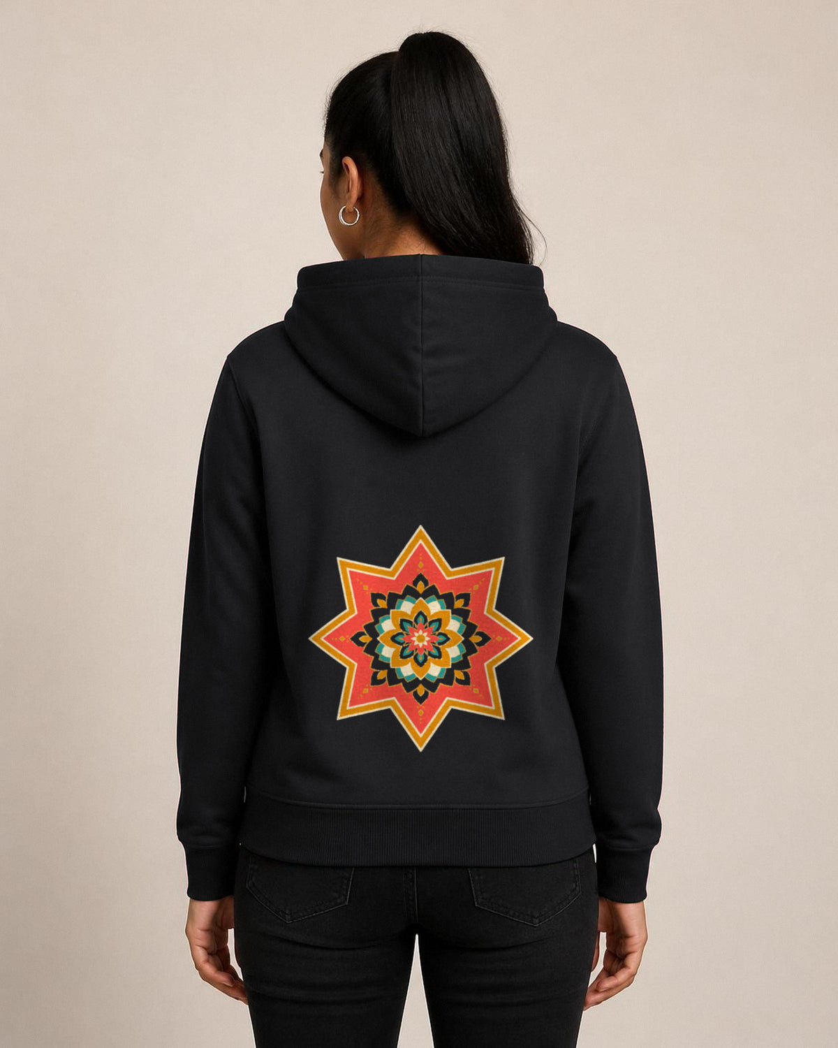 Ajrakh Star front and back print hoodie in Black worn by a model, back view, Bonzo Peter's