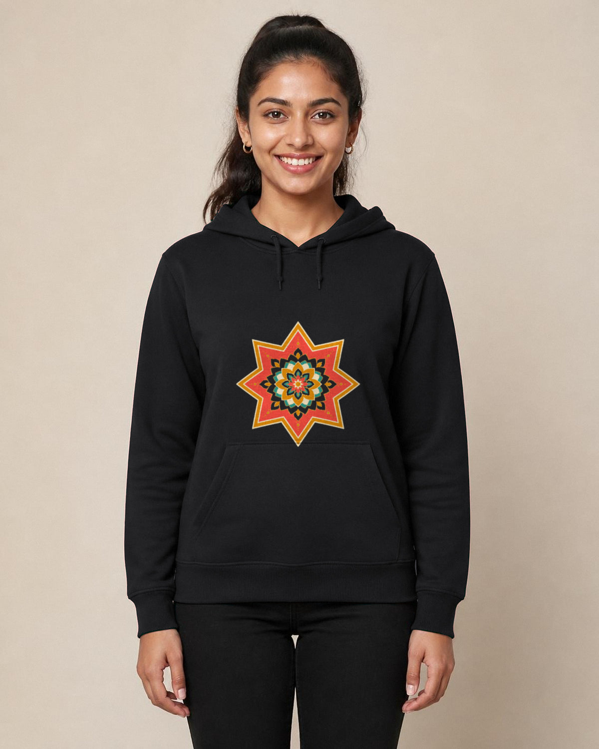 Ajrakh Star front and back print hoodie in Black worn by a model, front view, Bonzo Peter's