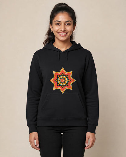 Ajrakh Star front and back print hoodie in Black worn by a model, front view, Bonzo Peter's