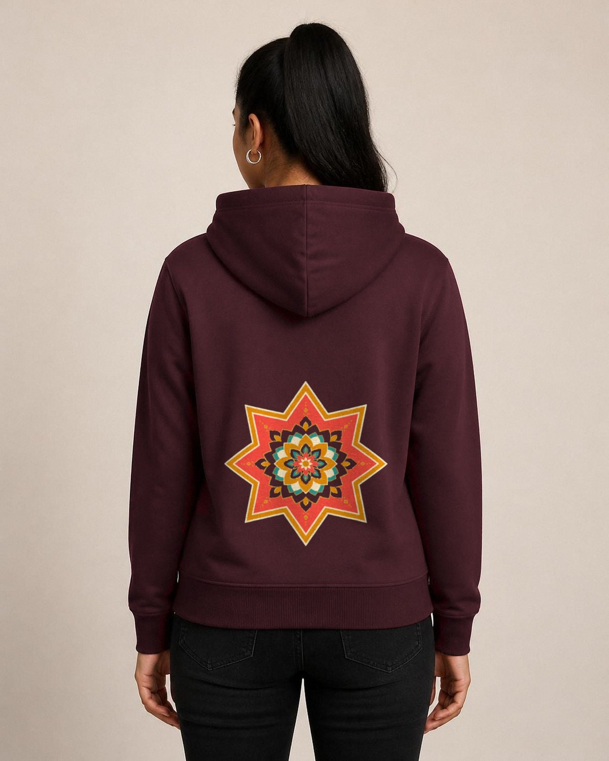 Ajrakh Star front and back print hoodie in Maroon worn by a model, back view, Bonzo Peter's