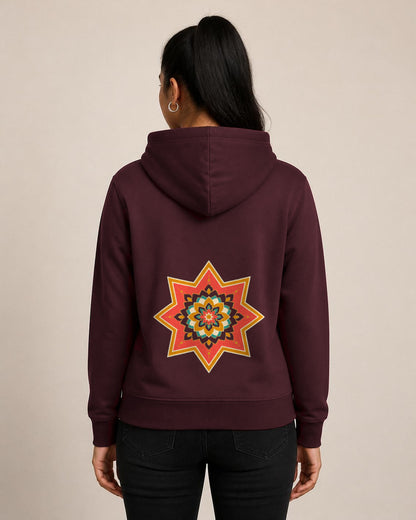 Ajrakh Star front and back print hoodie in Maroon worn by a model, back view, Bonzo Peter's