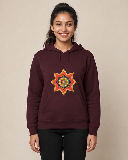 Ajrakh Star front and back print hoodie in Maroon worn by a model, front view, Bonzo Peter's