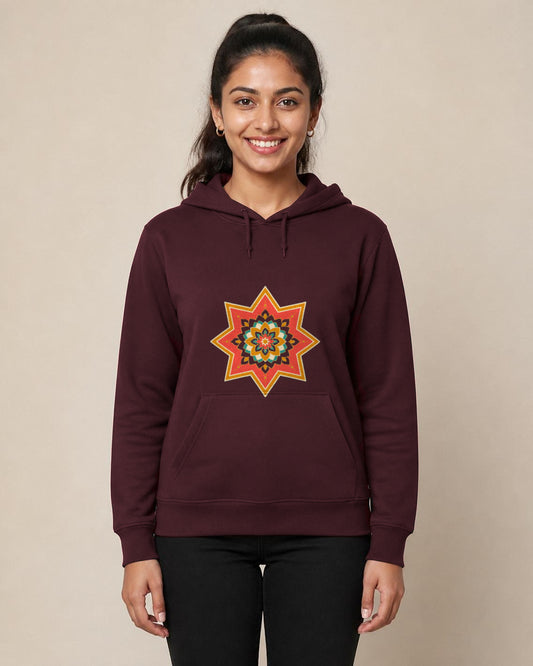 Ajrakh Star front and back print hoodie in Maroon worn by a model, front view, Bonzo Peter's