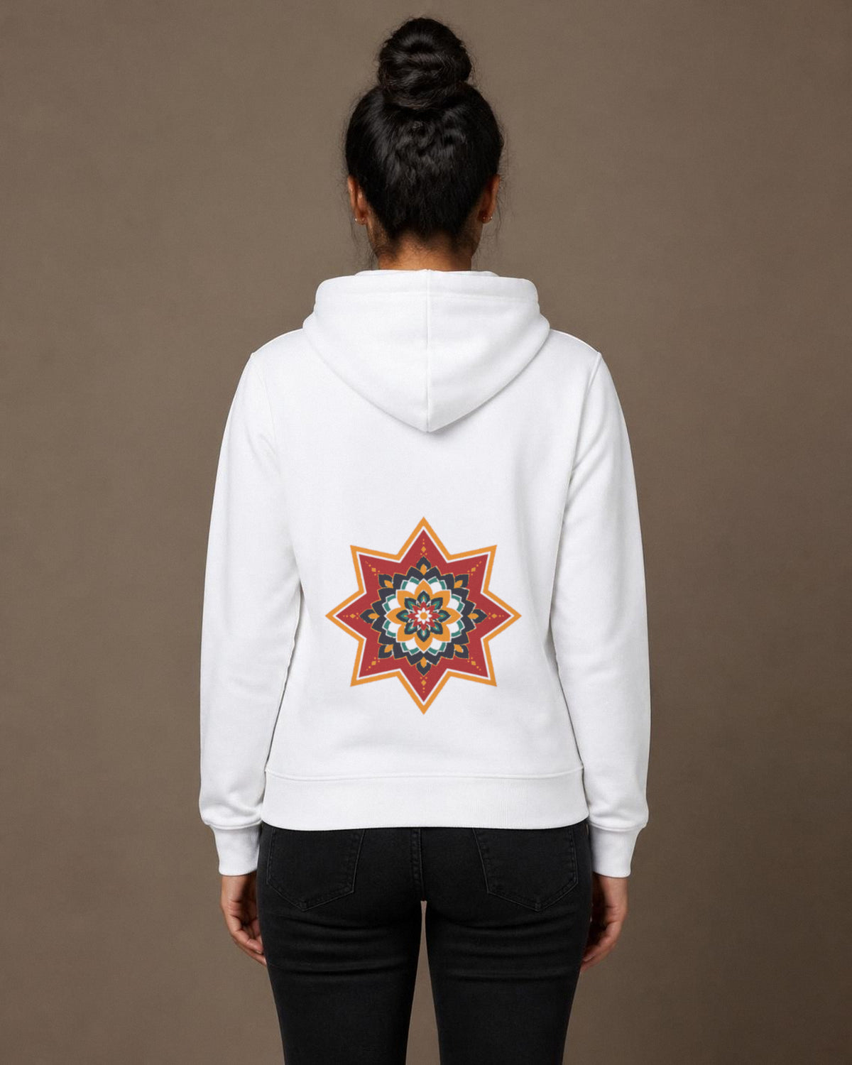 Ajrakh Star front and back print hoodie in White worn by a model, back view, Bonzo Peter's