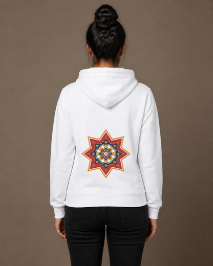 Ajrakh Star front and back print hoodie in White worn by a model, back view, Bonzo Peter's