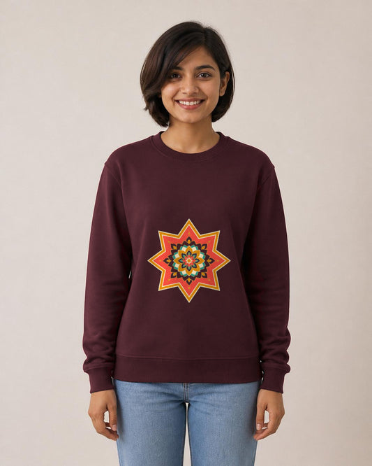 Ajrakh Star front and back print sweatshirt in Maroon worn by a model, front view, Bonzo Peter's