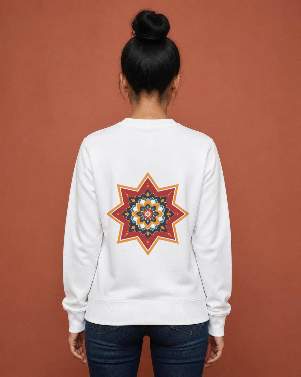Ajrakh Star front and back print sweatshirt in White worn by a model, back view, Bonzo Peter's