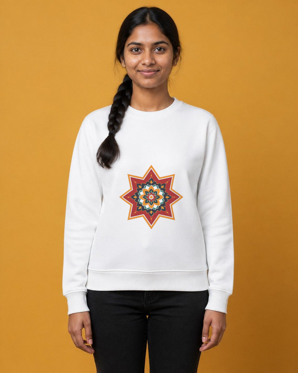 Ajrakh Star front and back print sweatshirt in White worn by a model, front view, Bonzo Peter's