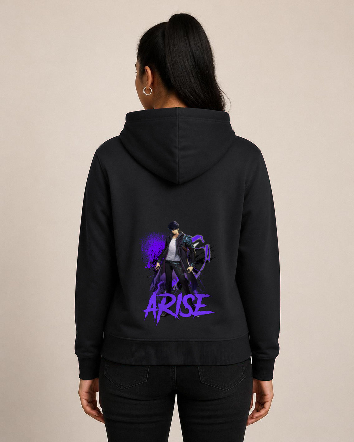 Arise back print hoodie in Black worn by a model, Bonzo Peter's