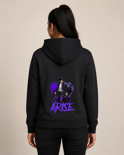 Arise back print hoodie in Black worn by a model, Bonzo Peter's