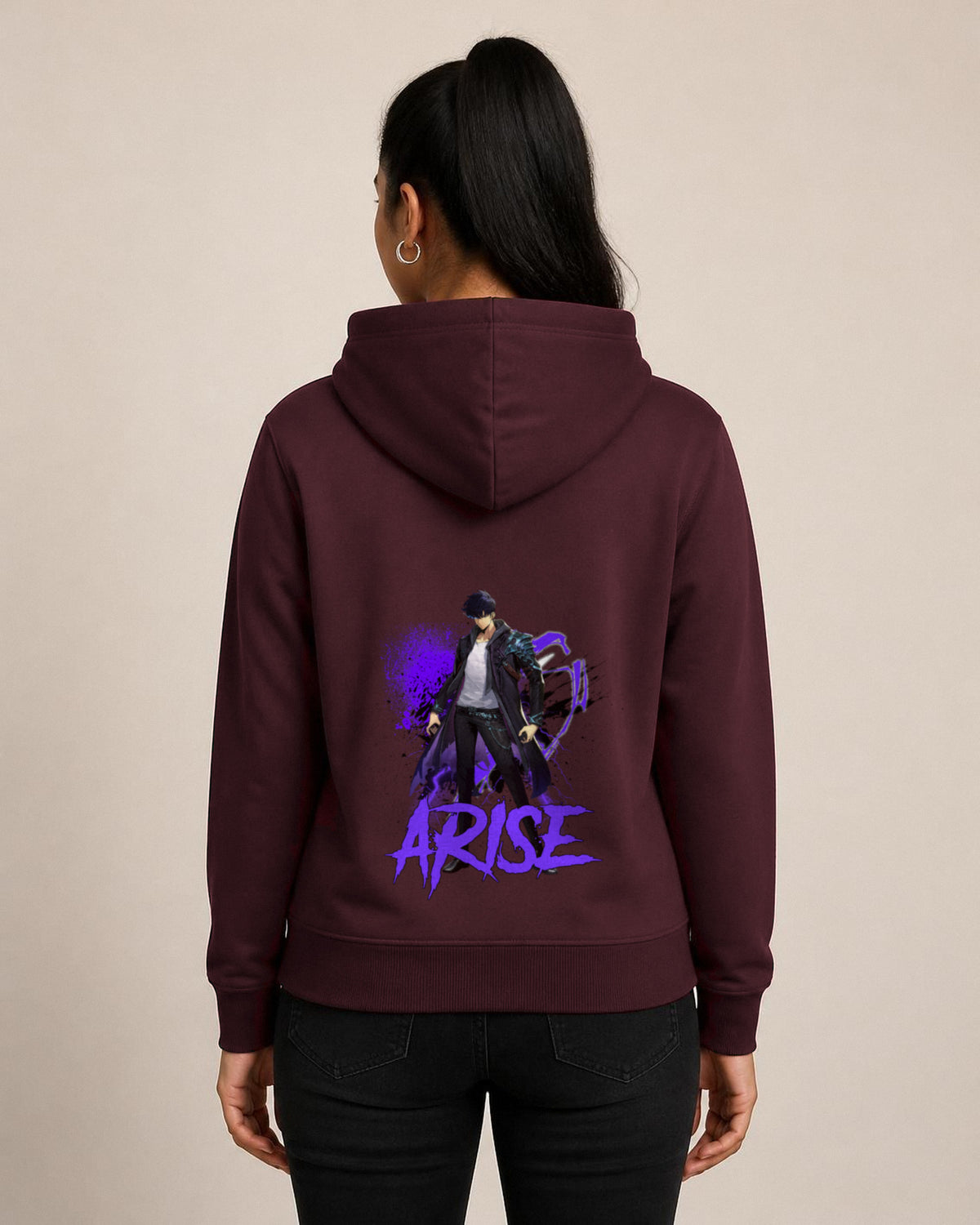 Arise back print hoodie in Maroon worn by a model, Bonzo Peter's