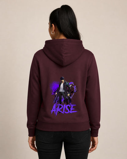 Arise back print hoodie in Maroon worn by a model, Bonzo Peter's