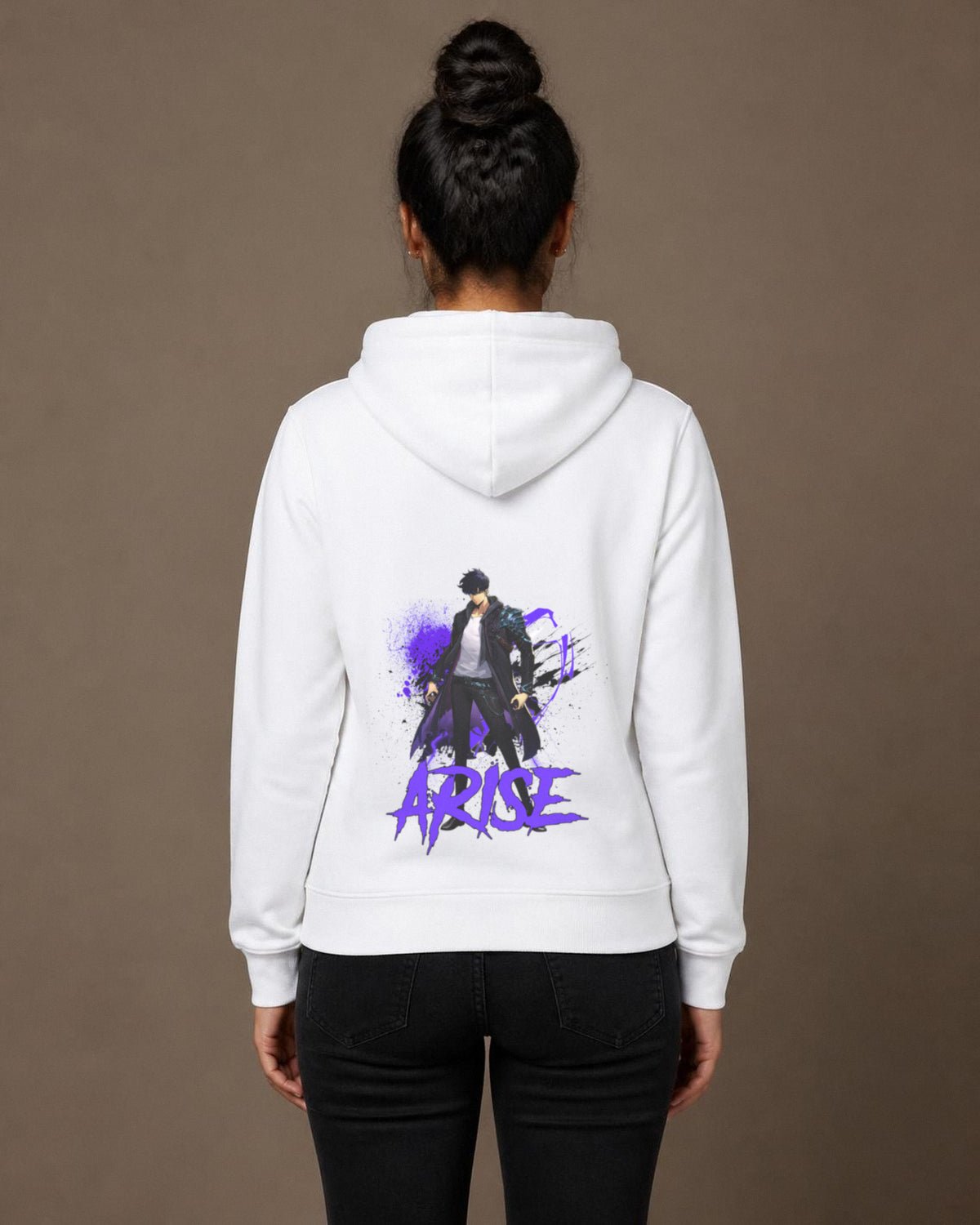 Arise back print hoodie in White worn by a model, Bonzo Peter's