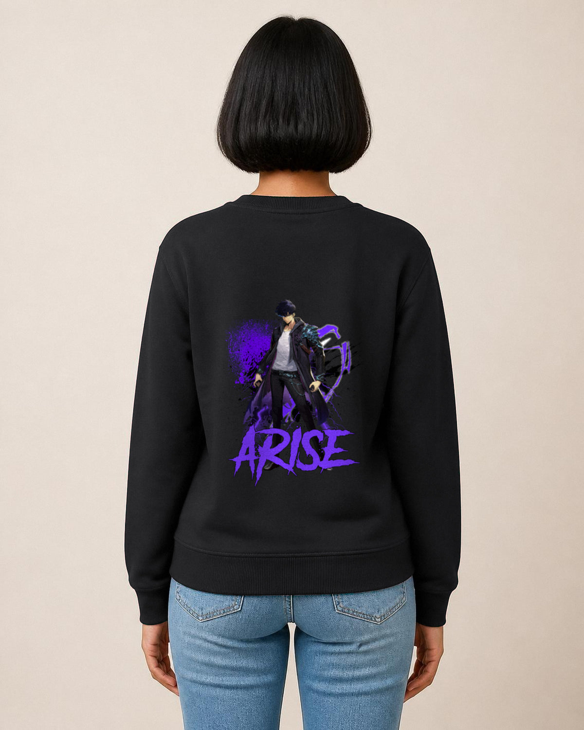 Arise back print sweatshirt in Black worn by a model, Bonzo Peter's