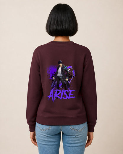 Arise back print sweatshirt in Maroon worn by a model, Bonzo Peter's