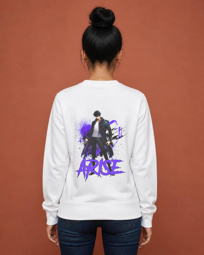 Arise back print sweatshirt in White worn by a model, Bonzo Peter's
