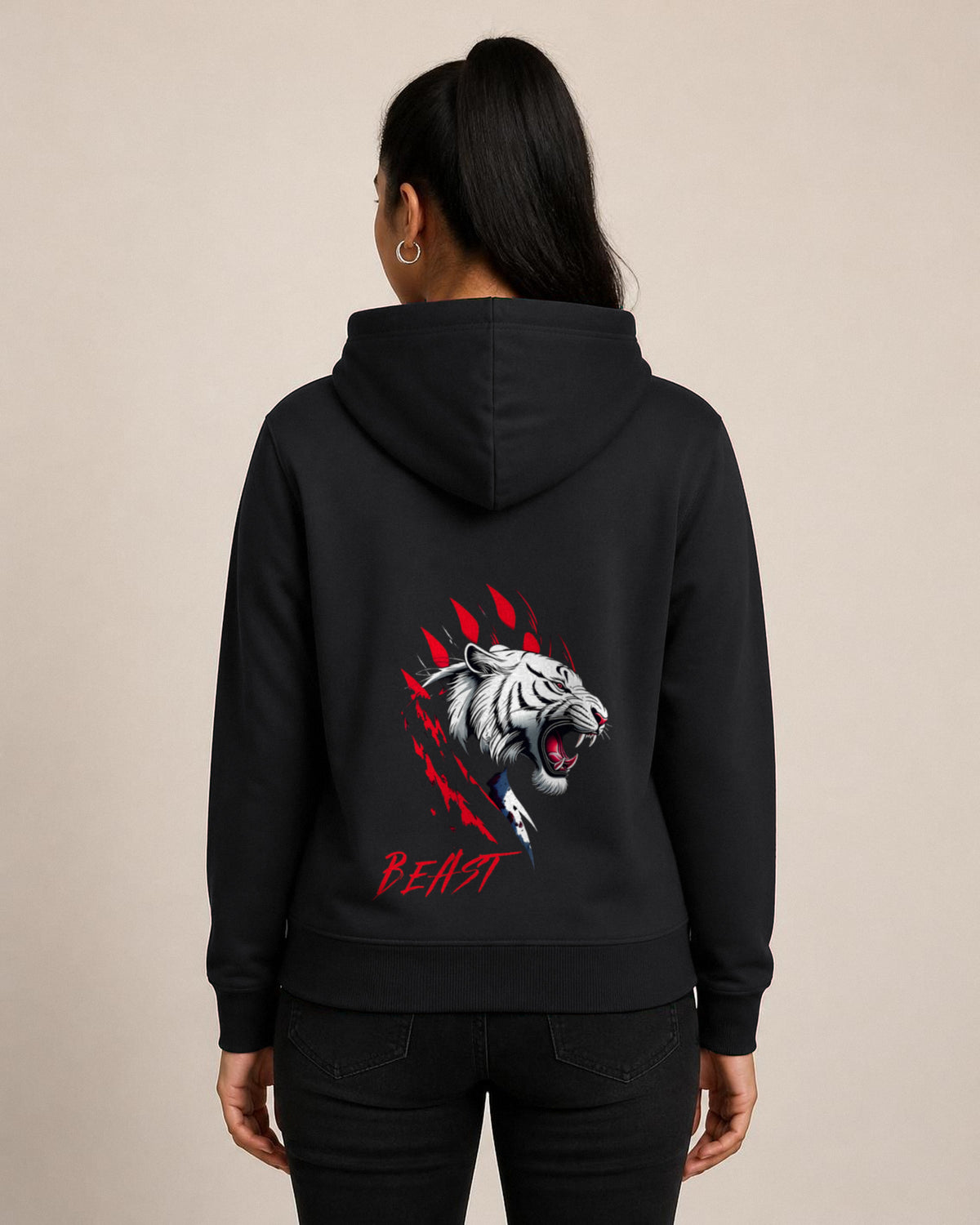 Beast Tiger back print hoodie in Black worn by a model, Bonzo Peter's
