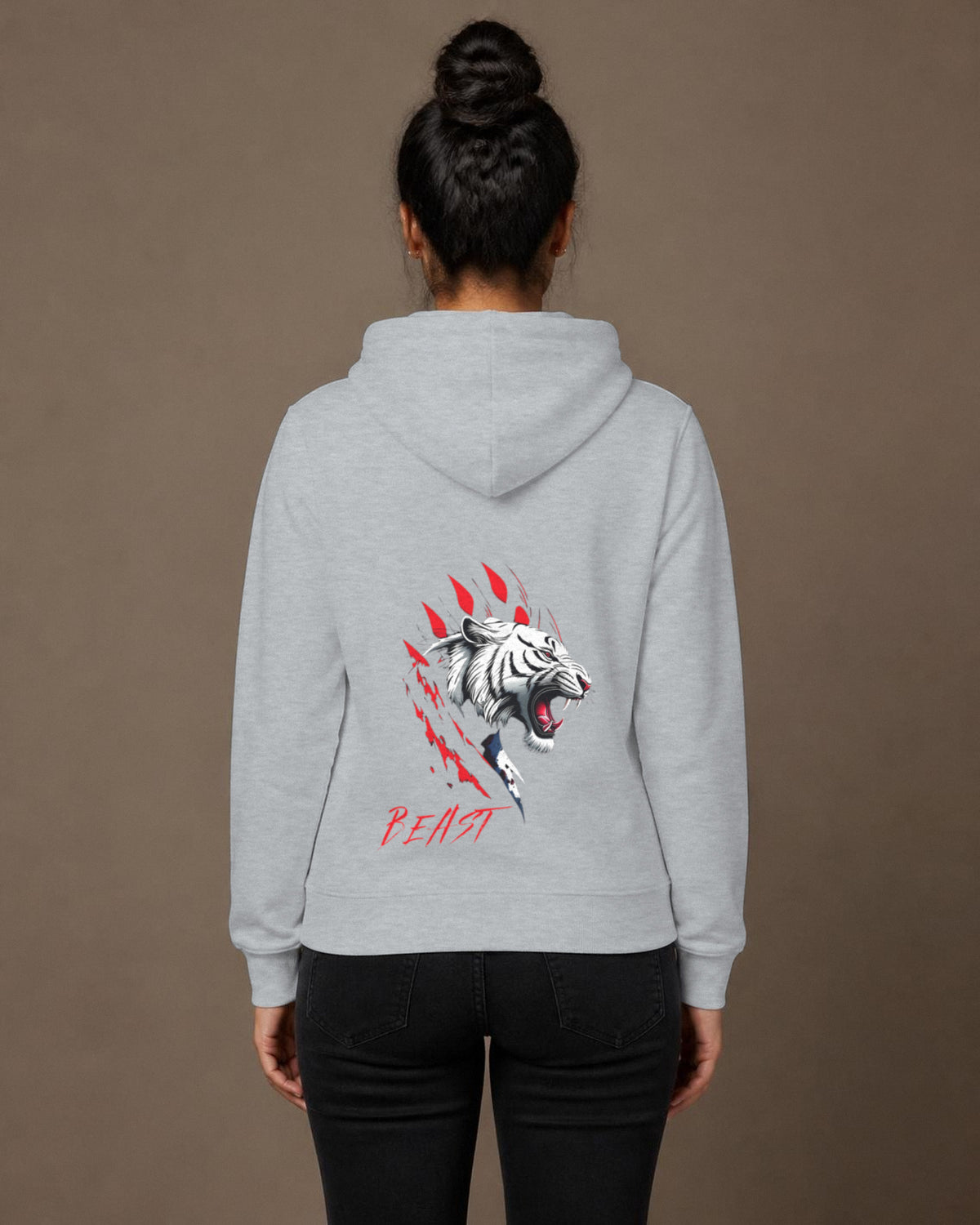 Beast Tiger back print hoodie in Grey Melange worn by a model, Bonzo Peter's