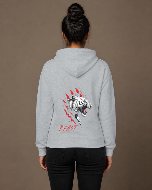 Beast Tiger back print hoodie in Grey Melange worn by a model, Bonzo Peter's