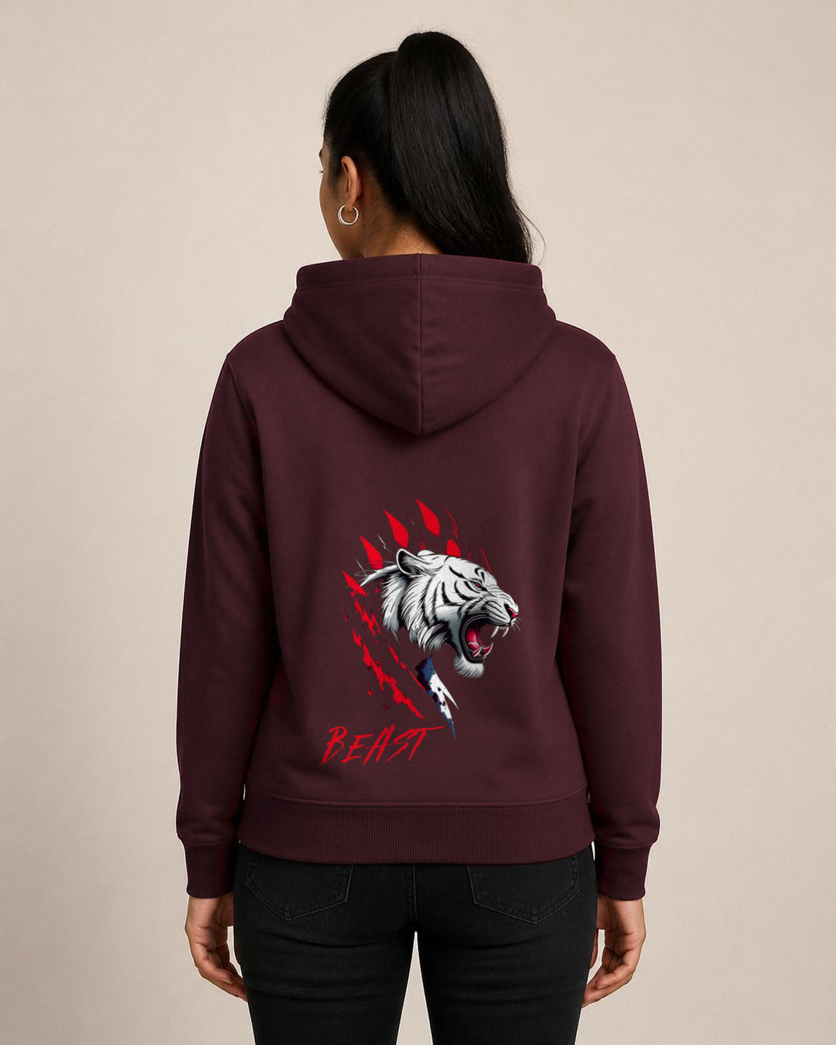 Beast Tiger back print hoodie in Maroon worn by a model, Bonzo Peter's