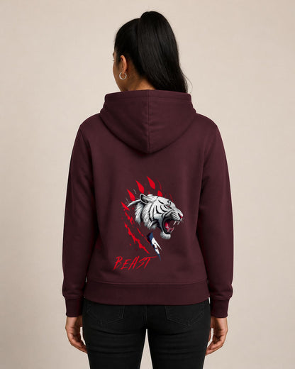 Beast Tiger back print hoodie in Maroon worn by a model, Bonzo Peter's