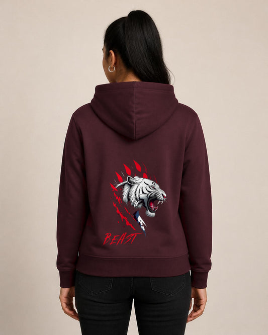 Beast Tiger back print hoodie in Maroon worn by a model, Bonzo Peter's