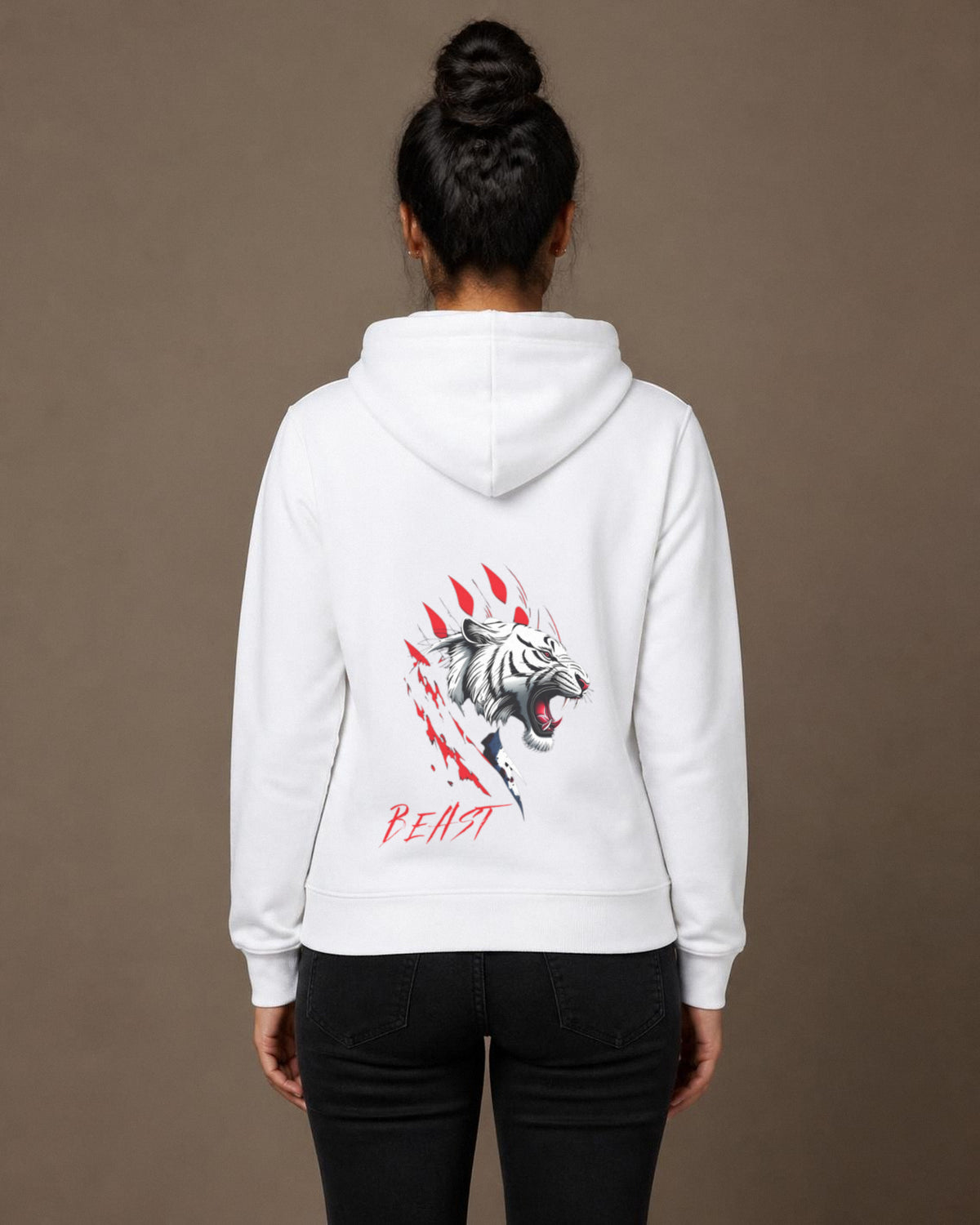 Beast Tiger back print hoodie in White worn by a model, Bonzo Peter's
