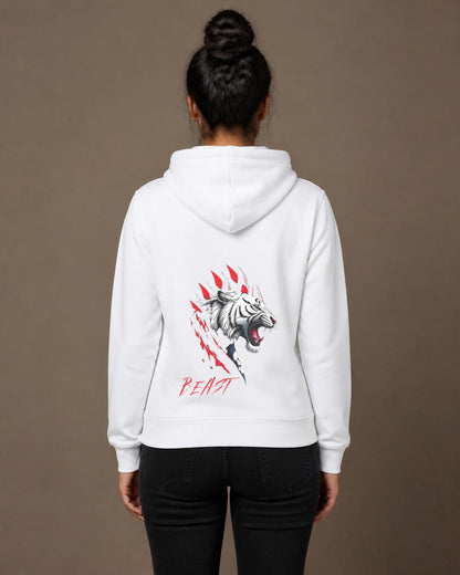 Beast Tiger back print hoodie in White worn by a model, Bonzo Peter's