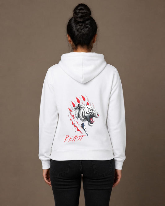 Beast Tiger back print hoodie in White worn by a model, Bonzo Peter's