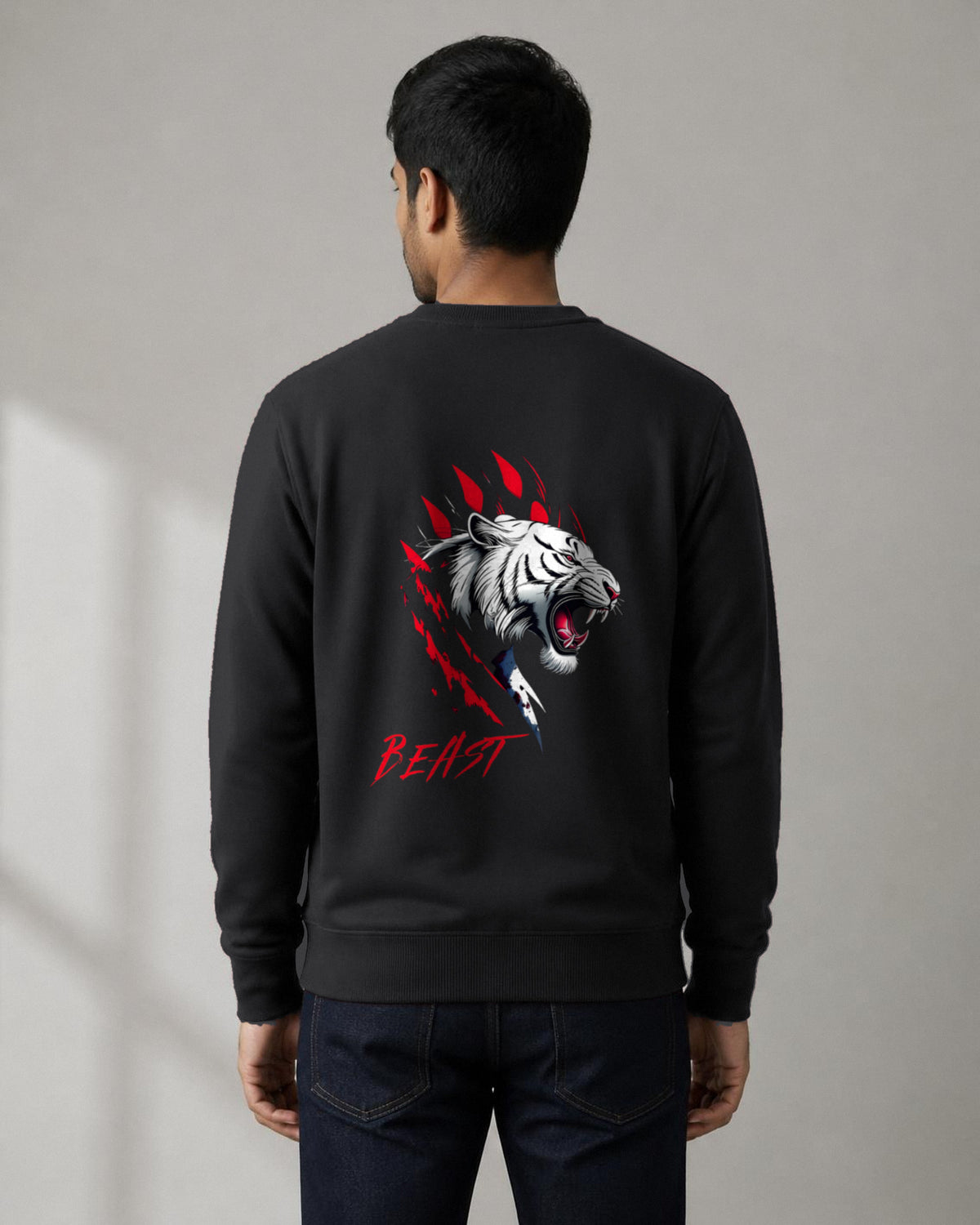 Beast Tiger back print sweatshirt in Black worn by a model, Bonzo Peter's