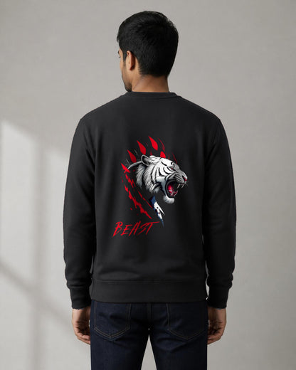 Beast Tiger back print sweatshirt in Black worn by a model, Bonzo Peter's