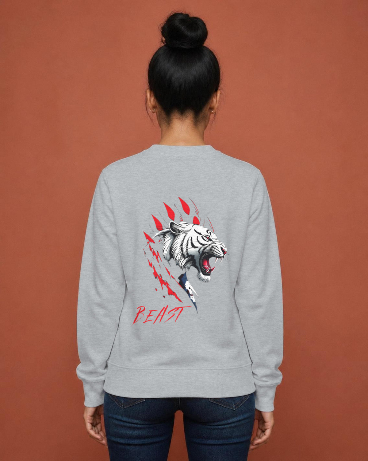 Beast Tiger back print sweatshirt in Grey Melange worn by a model, Bonzo Peter's