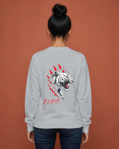 Beast Tiger back print sweatshirt in Grey Melange worn by a model, Bonzo Peter's