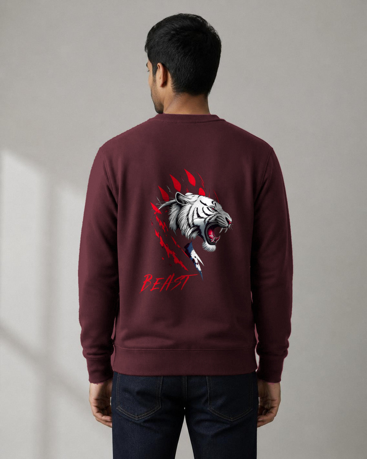 Beast Tiger back print sweatshirt in Maroon worn by a model, Bonzo Peter's