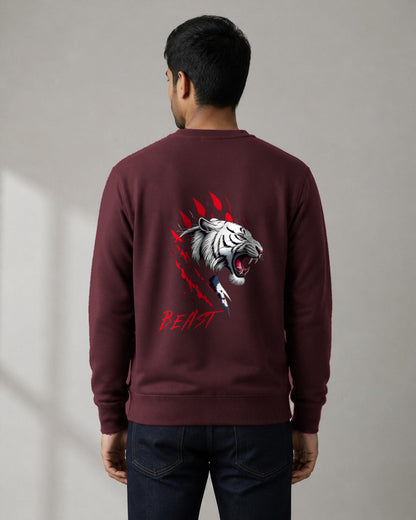 Beast Tiger back print sweatshirt in Maroon worn by a model, Bonzo Peter's
