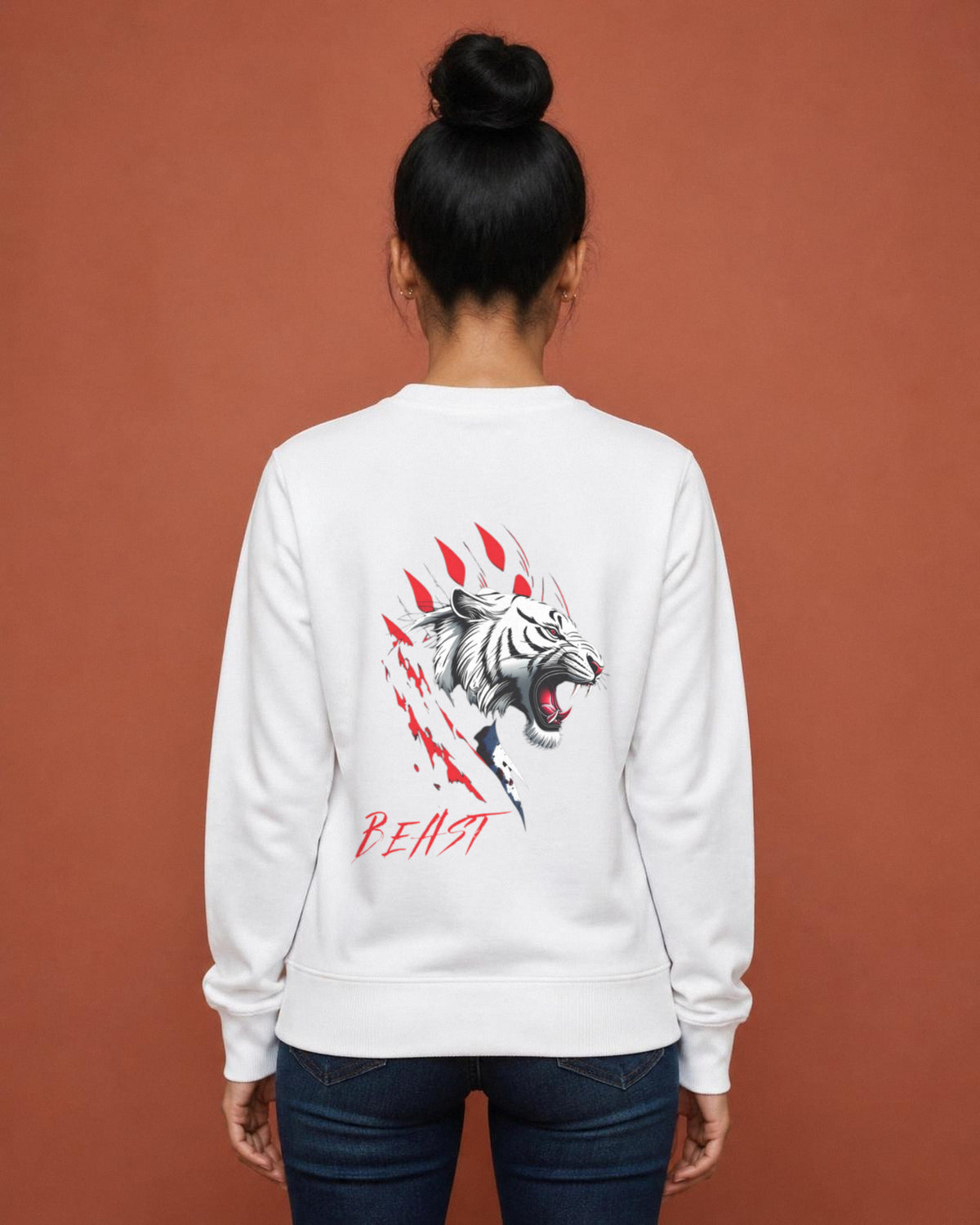 Beast Tiger back print sweatshirt in White worn by a model, Bonzo Peter's