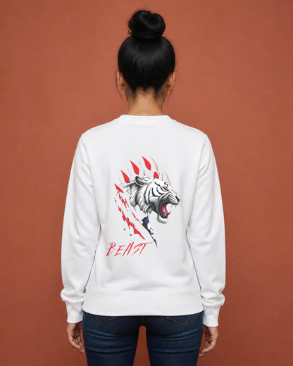 Beast Tiger back print sweatshirt in White worn by a model, Bonzo Peter's