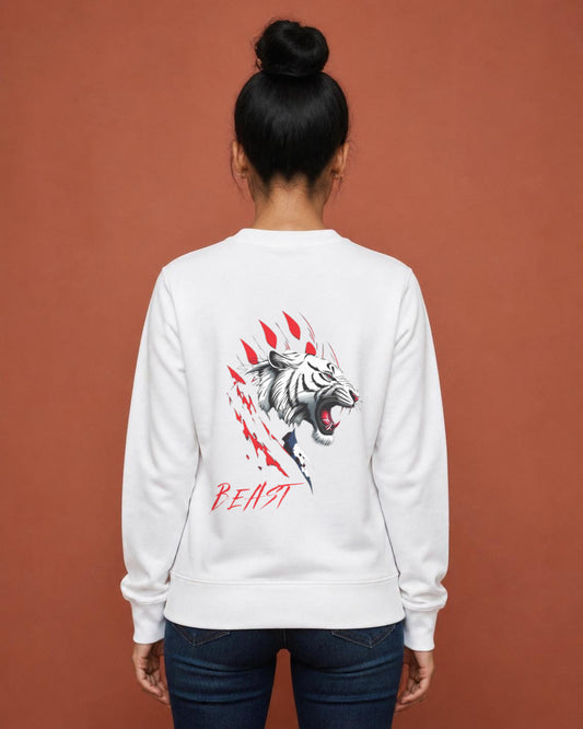 Beast Tiger back print sweatshirt in White worn by a model, Bonzo Peter's