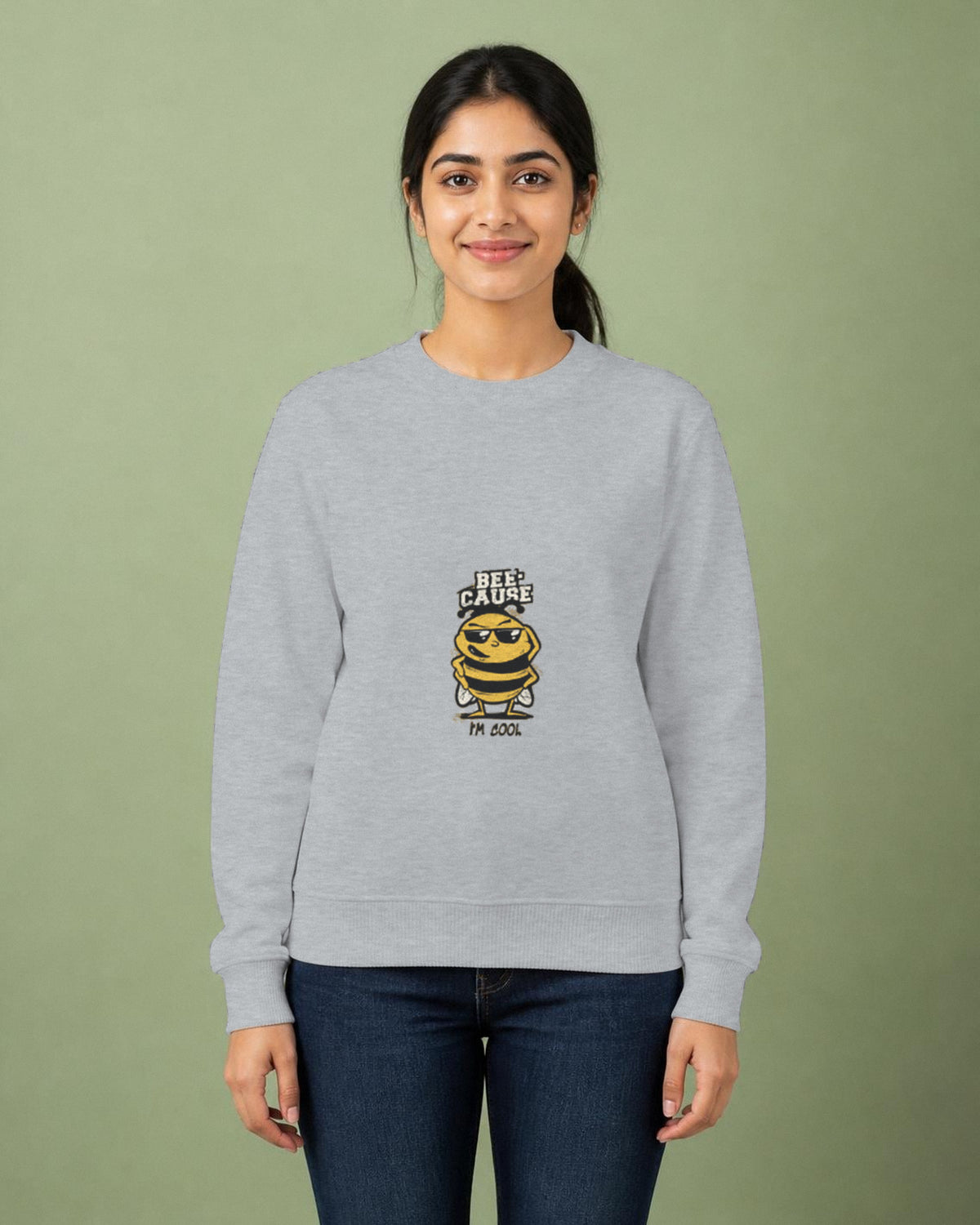 Bee-Cause I'm Cool printed sweatshirt in Grey Melange worn by a model, Bonzo Peter's
