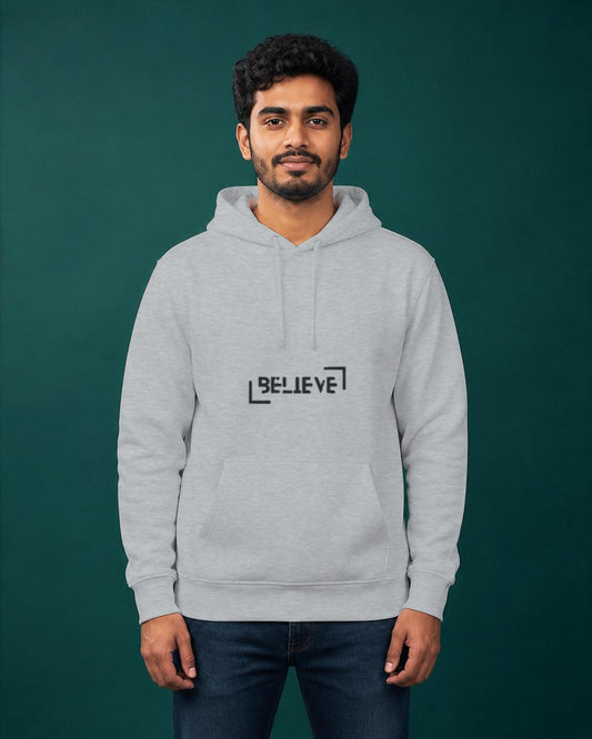 Believe printed hoodie in Grey Melange worn by a model, Bonzo Peter's