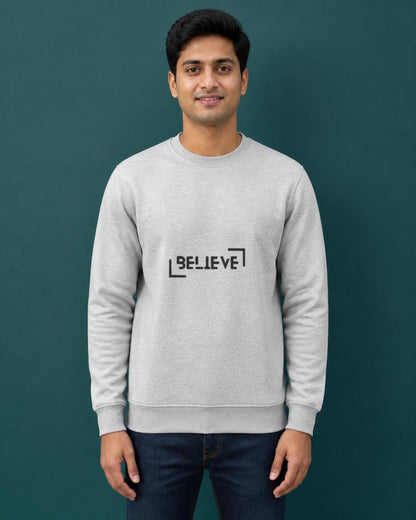 Believe printed sweatshirt in Grey Melange worn by a model, Bonzo Peter's