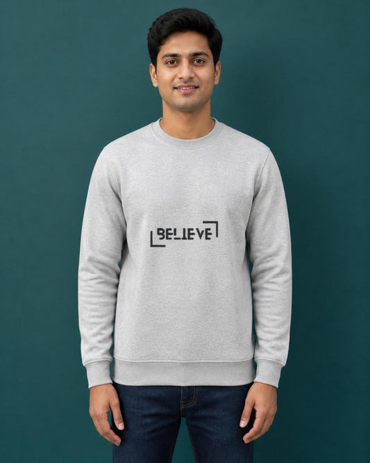Believe printed sweatshirt in Grey Melange worn by a model, Bonzo Peter's