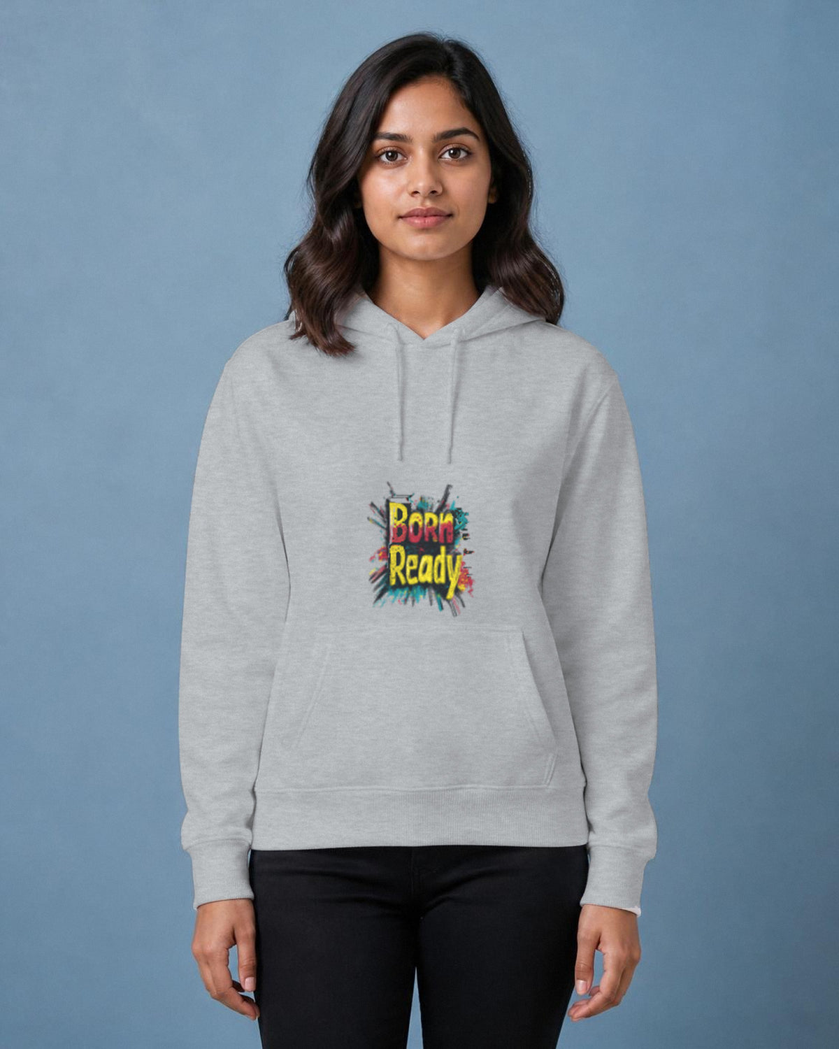 Born Ready printed hoodie in Grey Melange worn by a model, Bonzo Peter's